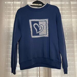 vintage blue and white heart sweatshirt with embroidery and lace details